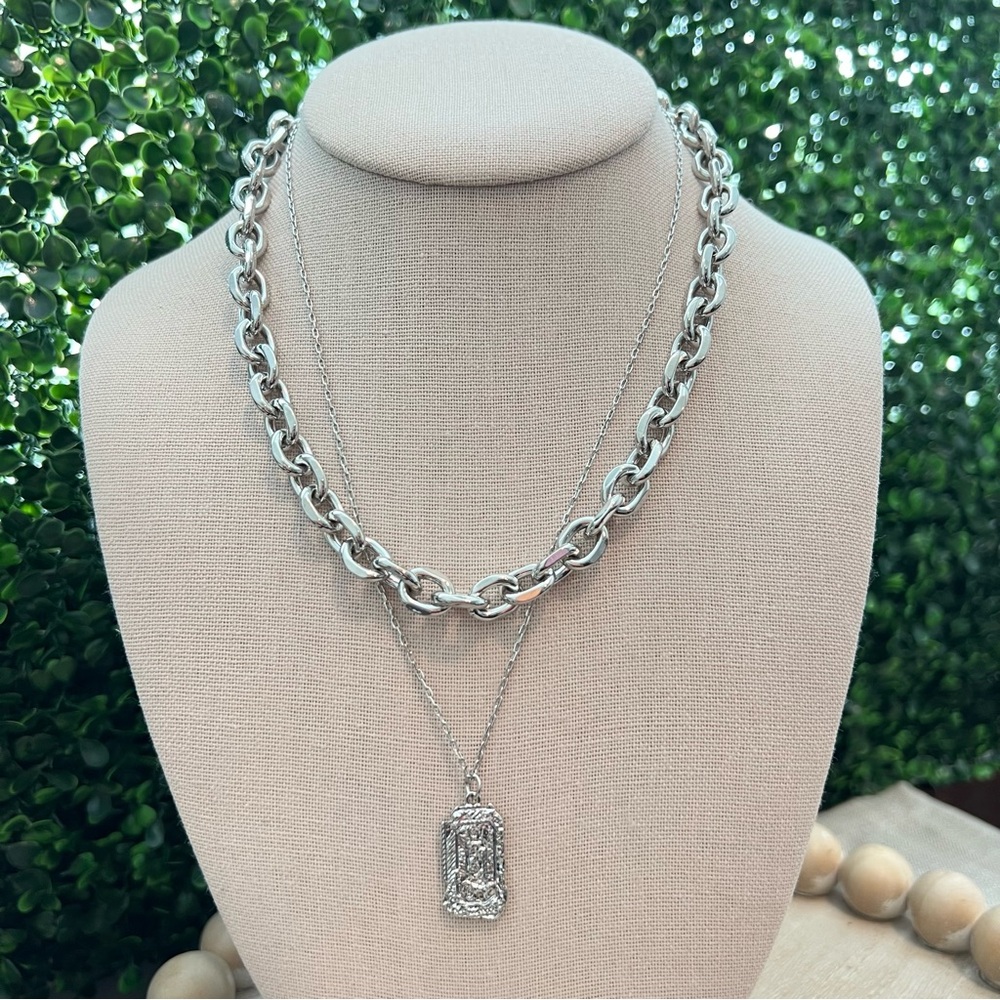 NWT Silver Tone Layered Necklace | Distressed Look Charm | Lobster Clasp | Adj